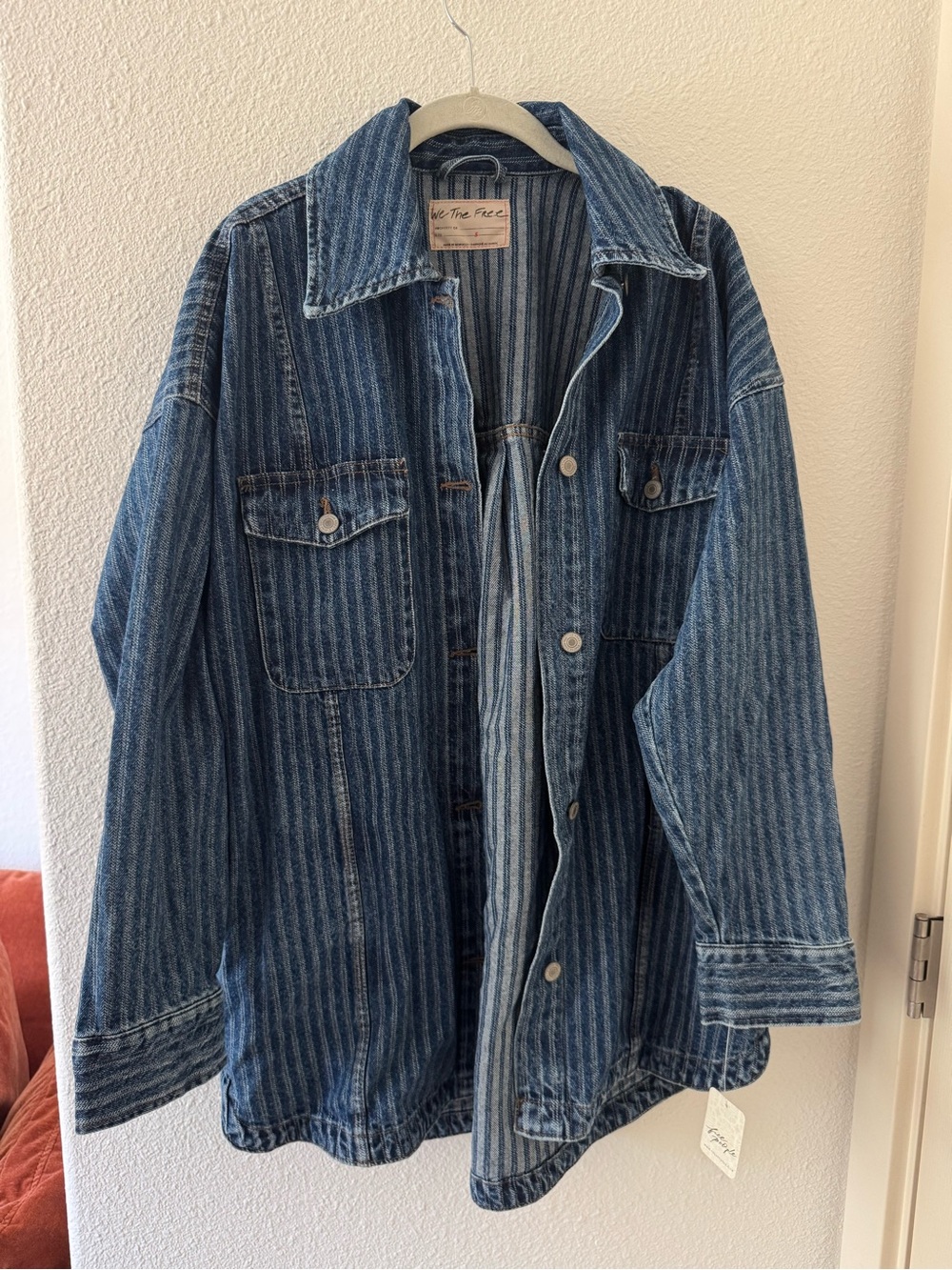 Free People Striped Denim Jacket in Medium Blue
